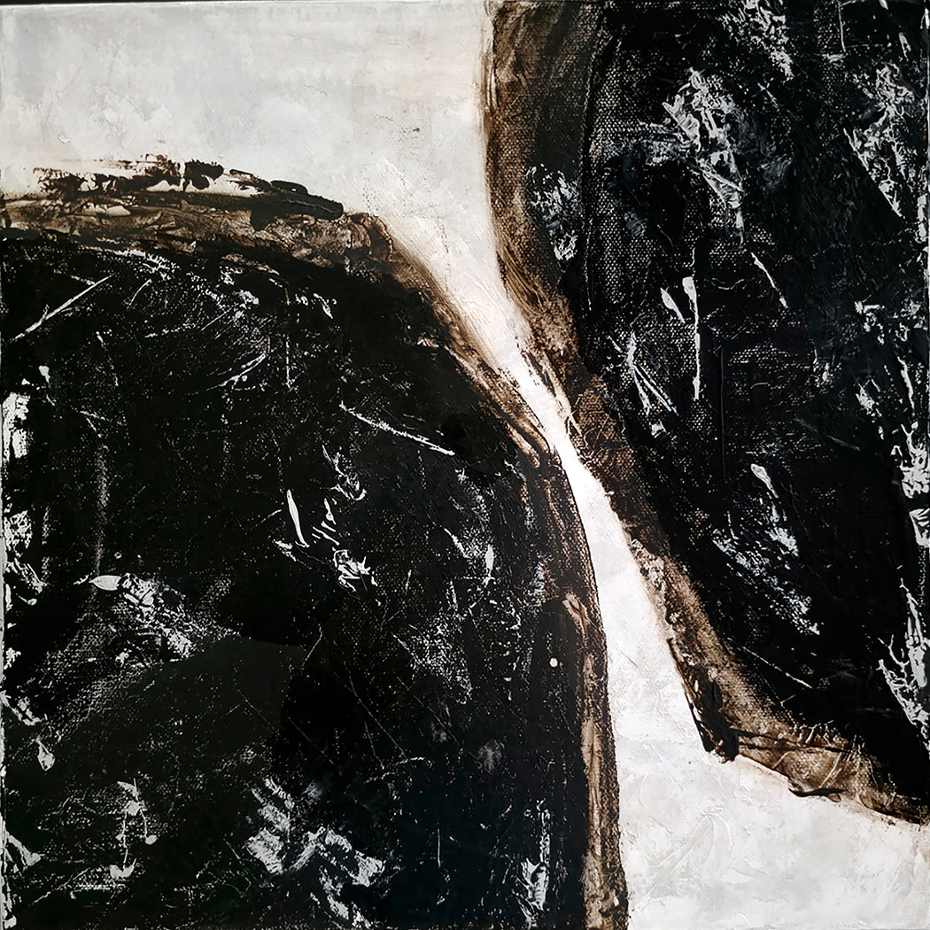 Abstract black and white artwork with textured surface