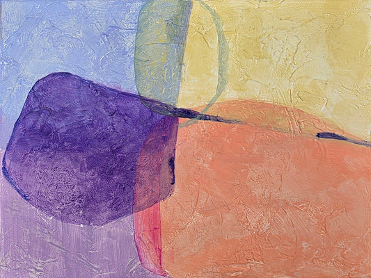 Coral, purple, blue, yellow painting in horizontal vorientation