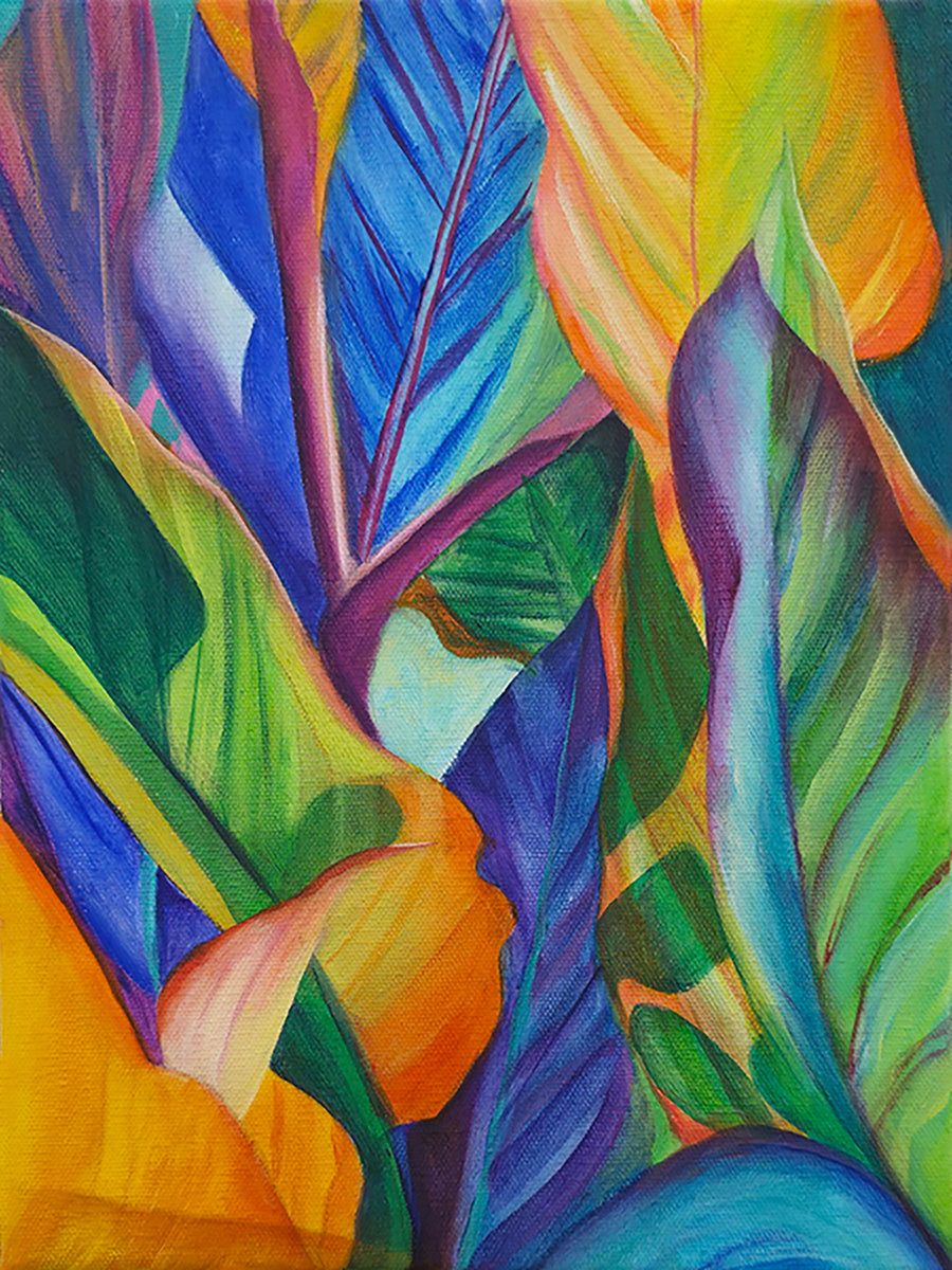 Colorful abstract painting of leaves with vibrant colors