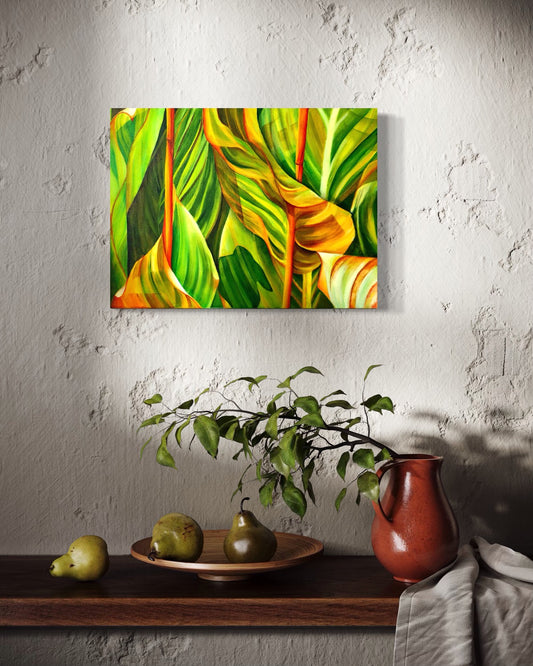 Colorful abstract painting of leaves on a textured wall above a wooden shelf with pears and a pitcher.