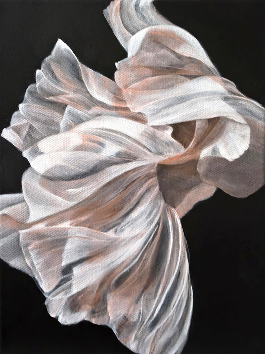 Abstract art of a flower with white and pinkish petals on a black background