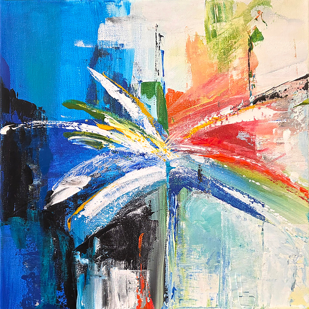 Abstract palm painting design in blue, red, green, and white.