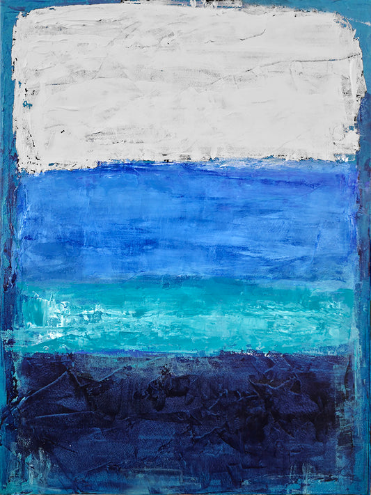 Abstract painting with horizontal stripes of white, blue, and dark blue.