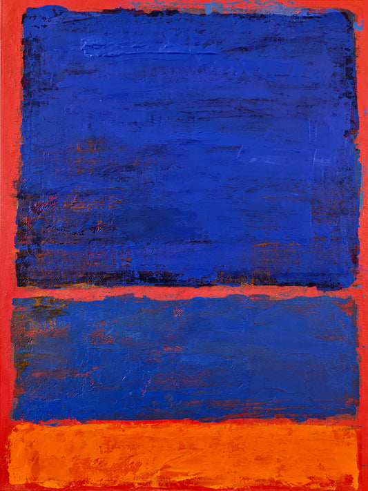 Abstract art piece with blue and orange brush strokes on a red background