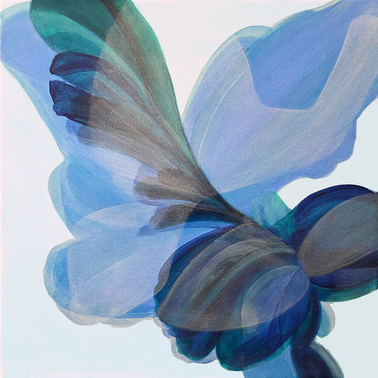 Artistic depiction of a blue flower with light blue and grey 