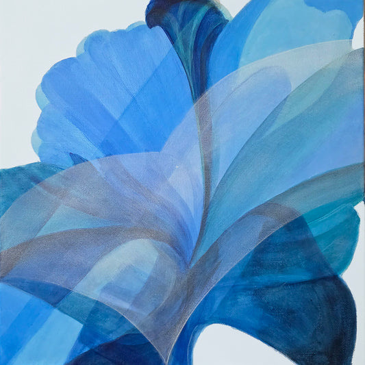 Abstract painting of blue and gray flower on a light blue background