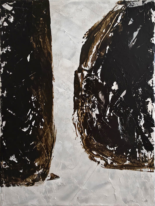 Abstract art piece with black and white textures on a textured gray background