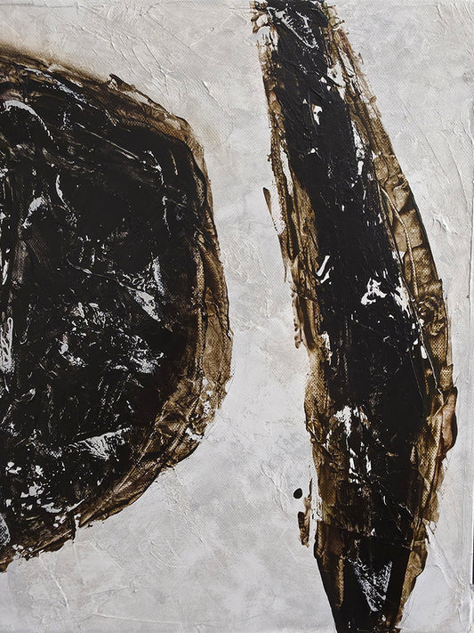 Abstract art piece with black and brown textures on a light gray background