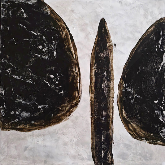 Abstract painting of two large dark circles with a black  line between them against a light gray background