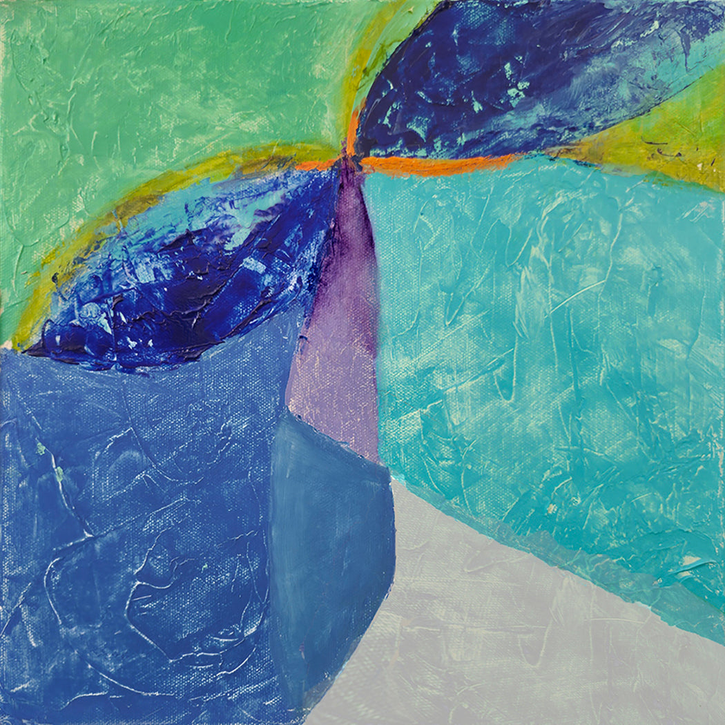 Abstract painting with blue, green, and purple colors on a textured surface