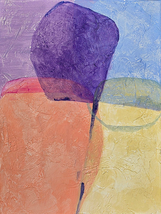 Coral, purple, blue, yellow painting in vertical orientation