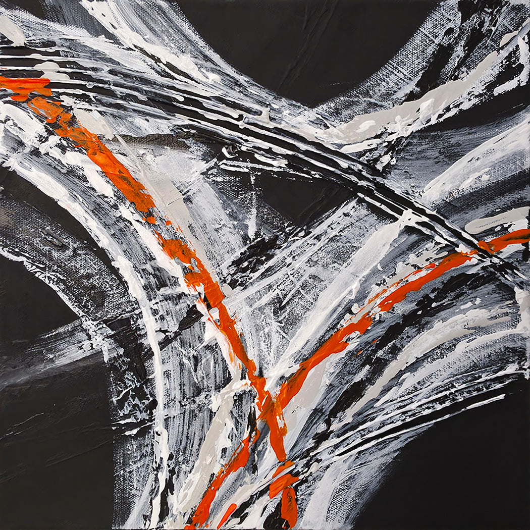 Abstract art with orange, black, and white brush strokes on a dark background