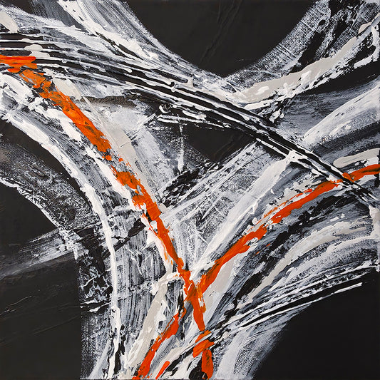 Abstract art with orange, black, and white brush strokes on a dark background