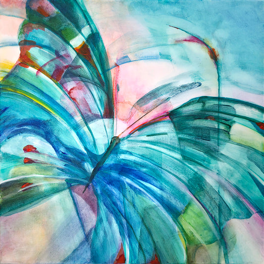Abstract painting of a butterfly with vibrant colors on a light blue background