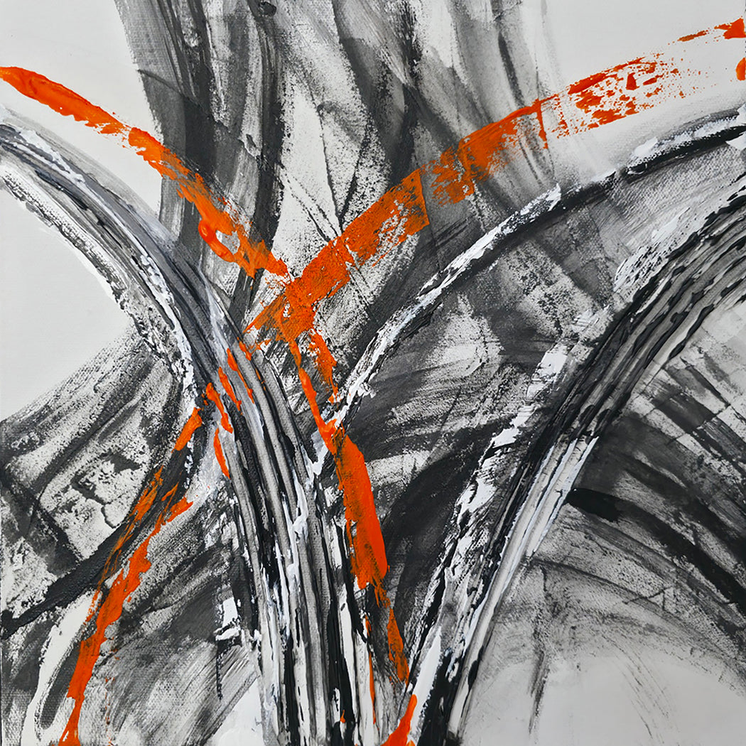 Abstract art with orange, black, and white brush strokes on a textured background