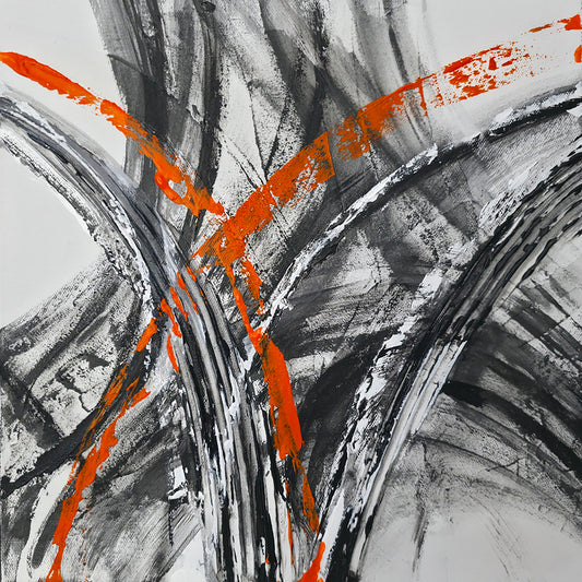 Abstract art with orange, black, and white brush strokes on a textured background