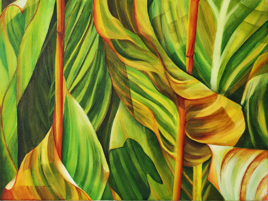 Colorful painting of tropical leaves with vibrant green and yellow hues.