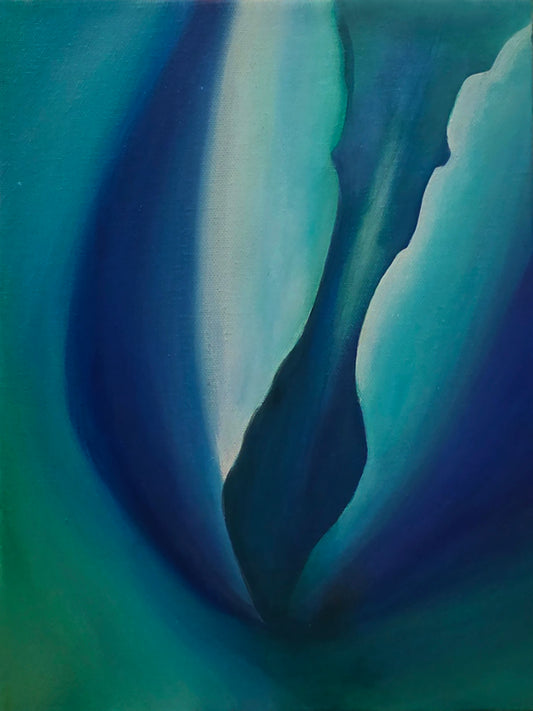 Abstract painting of a tulip with wavy blue and green patterns