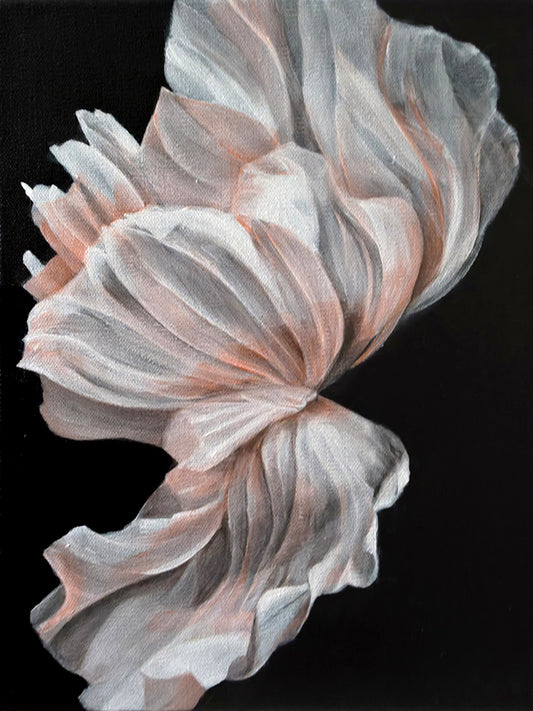 White and pink floral painting against a black background